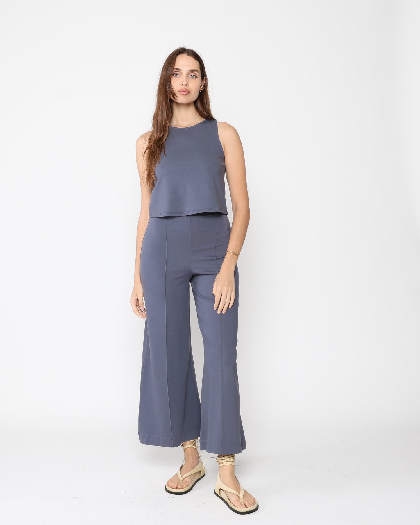 Ponte Knit Cropped Wide Leg Pant - Sea Blue