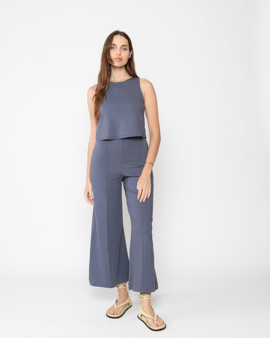 Ponte Knit Cropped Wide Leg Pant - Sea Blue