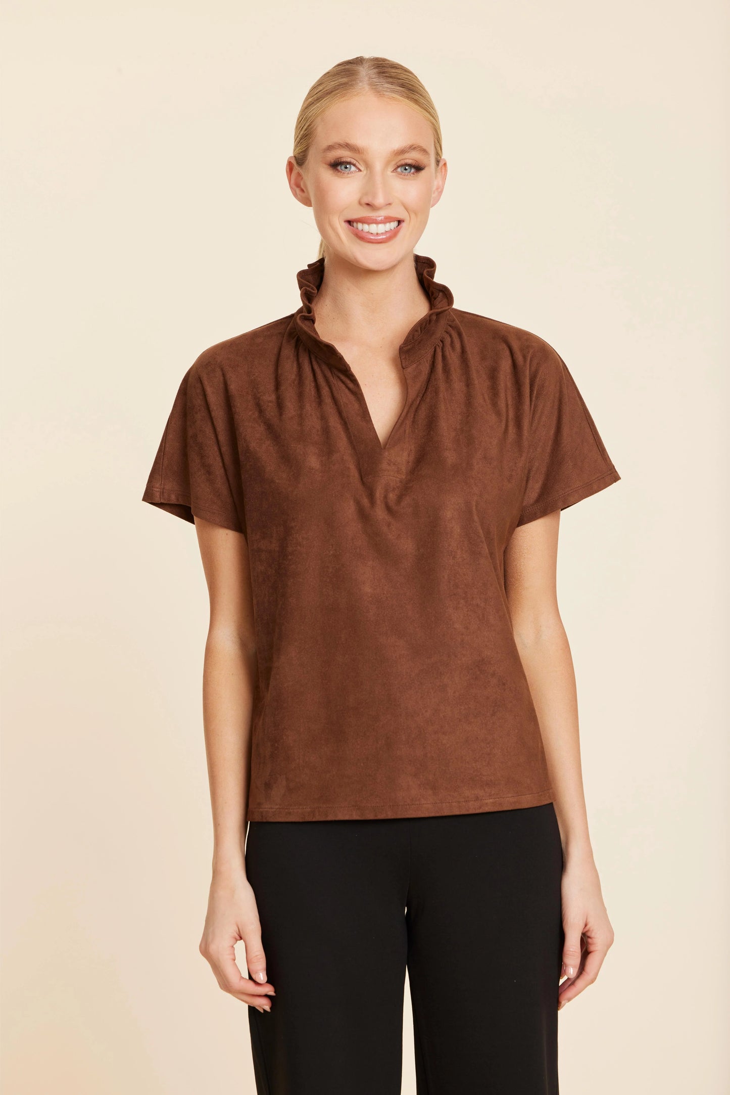 Faux Suede Ruffle Collar V-Neck Top - Brown