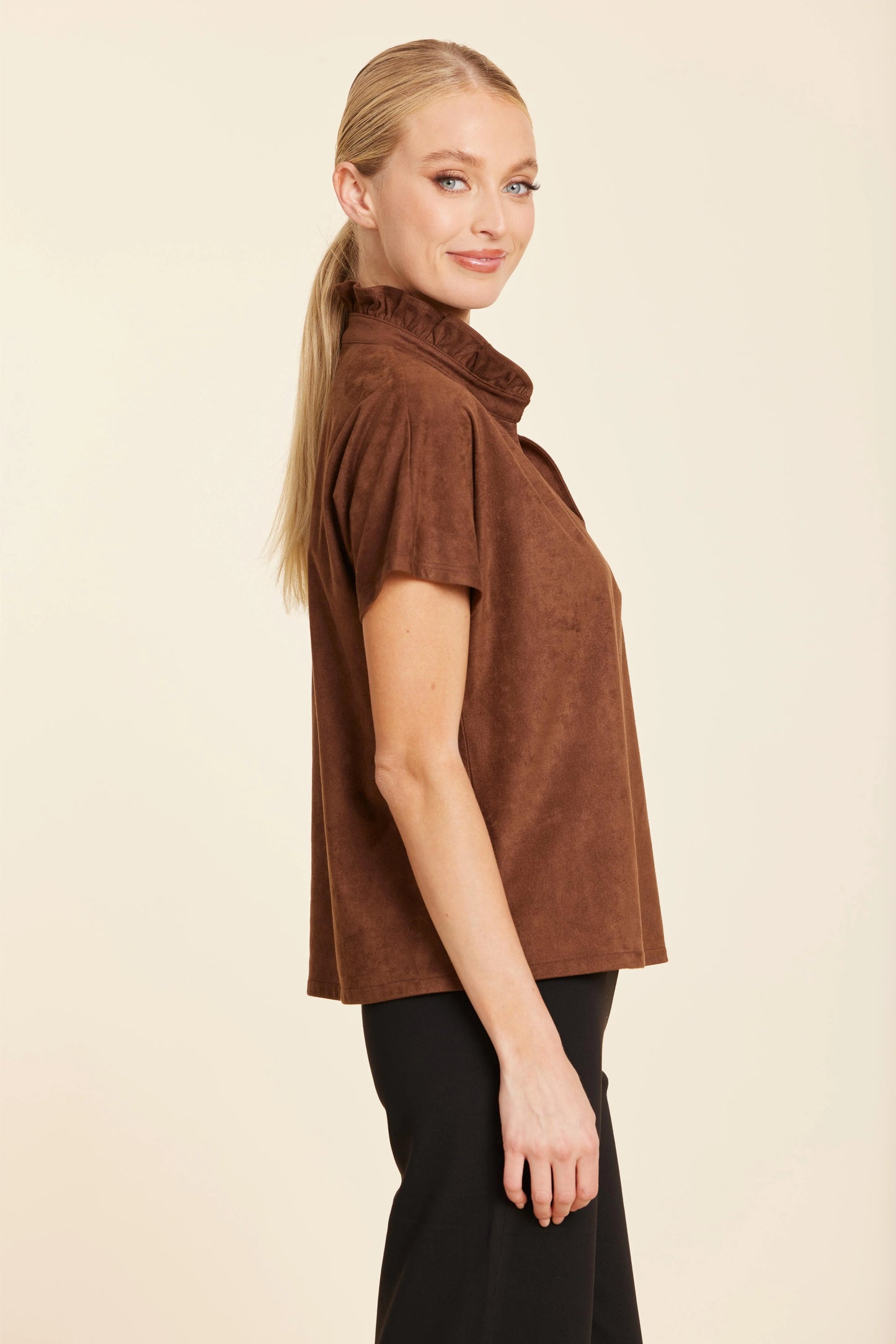 Faux Suede Ruffle Collar V-Neck Top - Brown