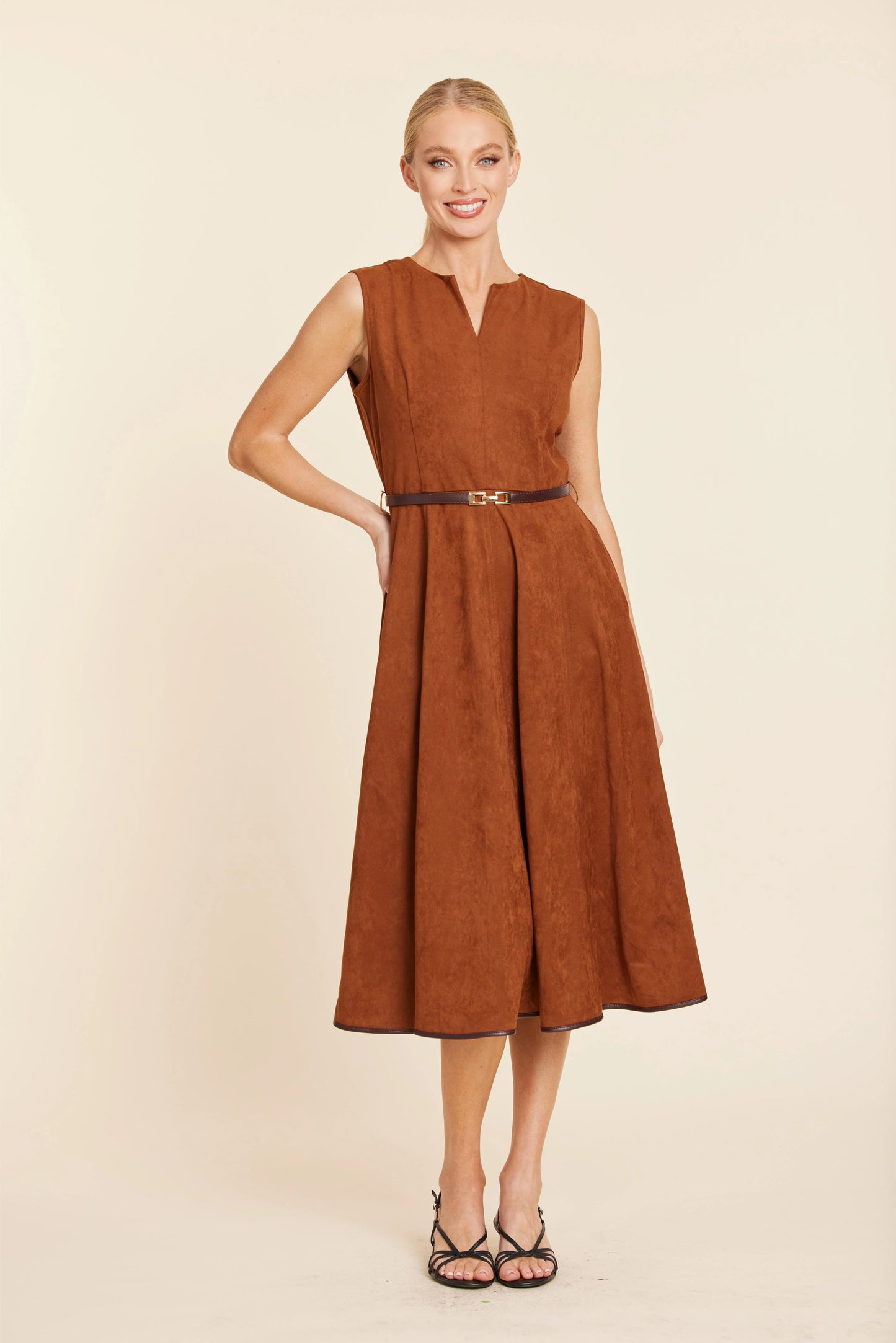 Faux Suede Belted Midi Dress - Rust