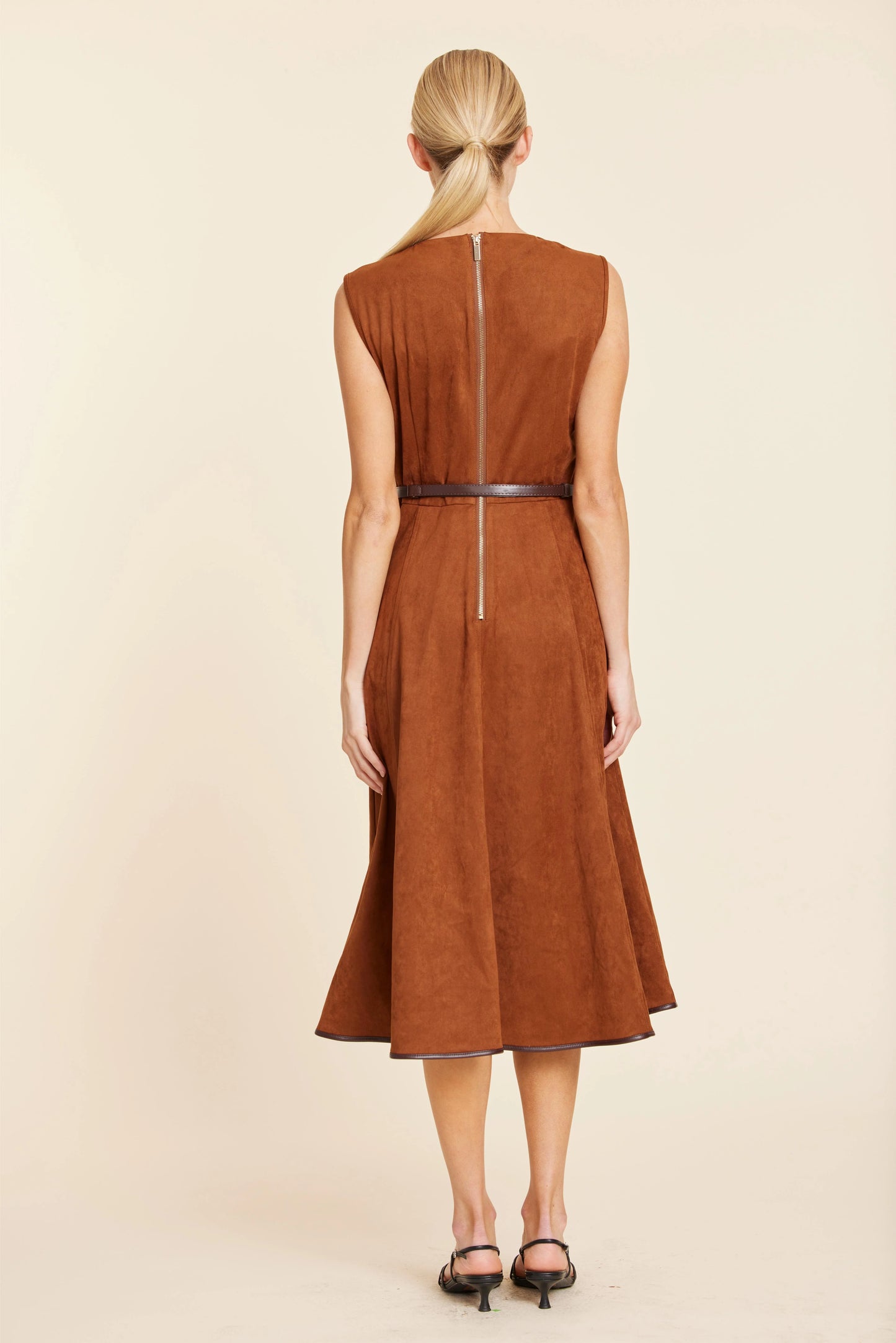 Faux Suede Belted Midi Dress - Rust
