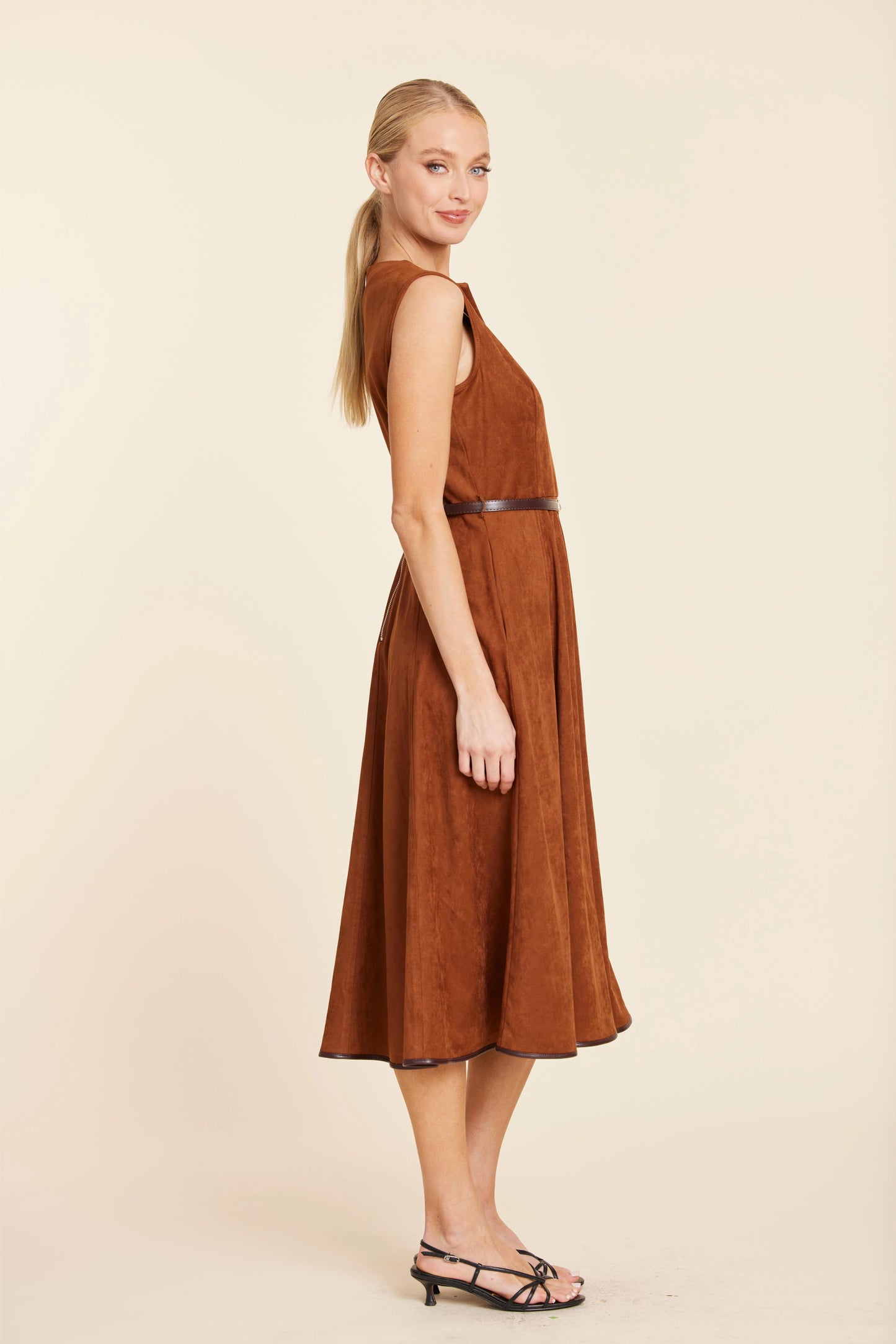 Faux Suede Belted Midi Dress - Rust