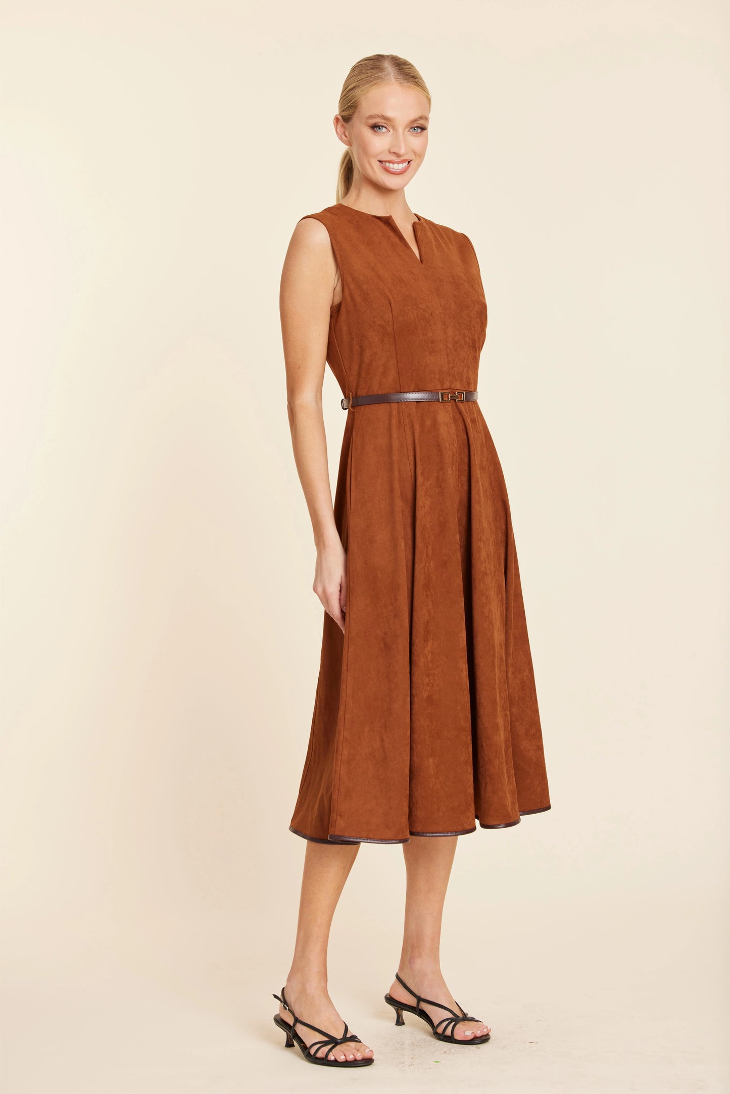 Faux Suede Belted Midi Dress - Rust