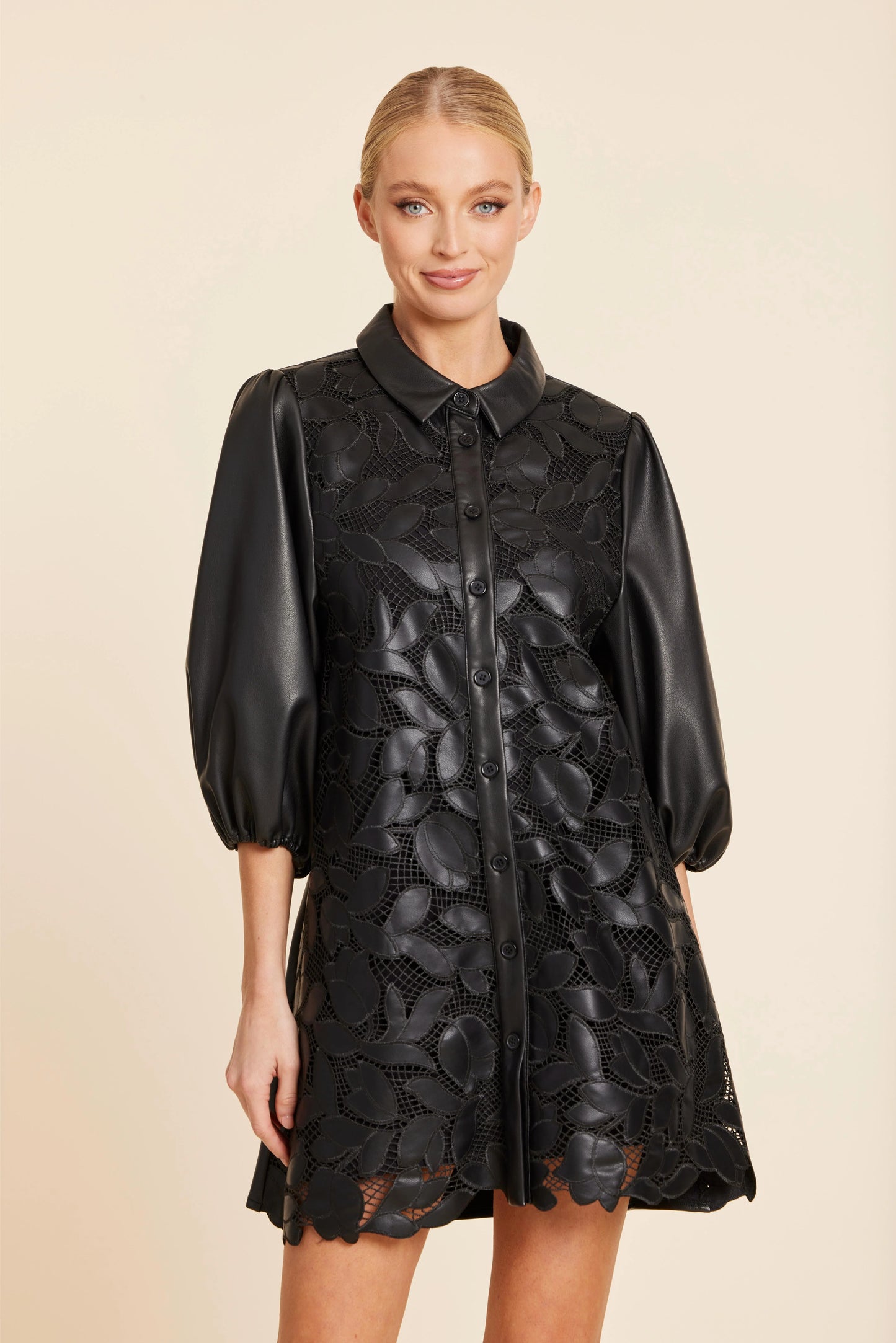 Faux Leather Floral Cut Out Dress - Black