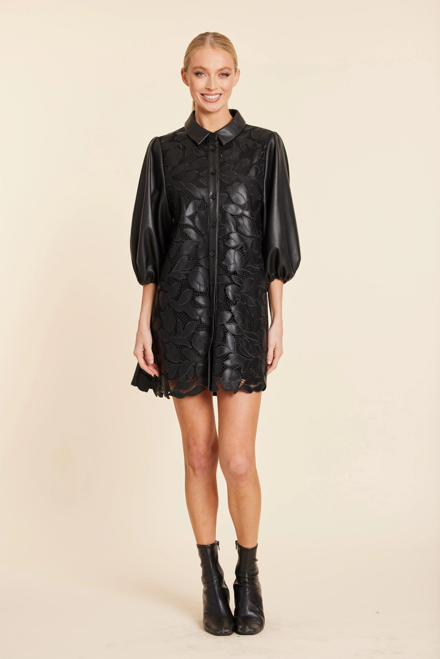 Faux Leather Floral Cut Out Dress - Black
