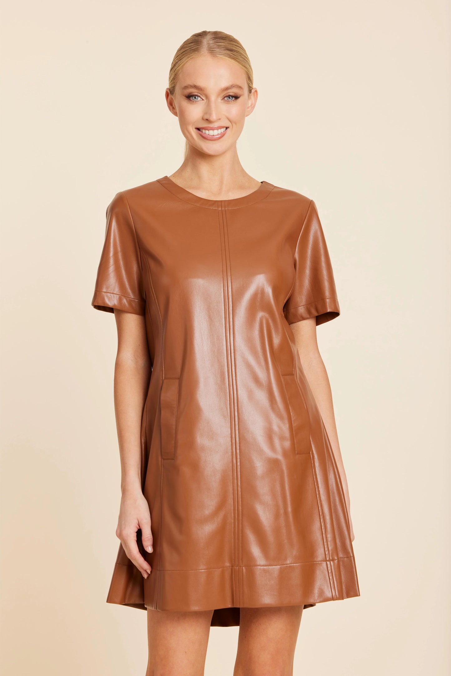 Faux Leather Pleat Dress - Saddle