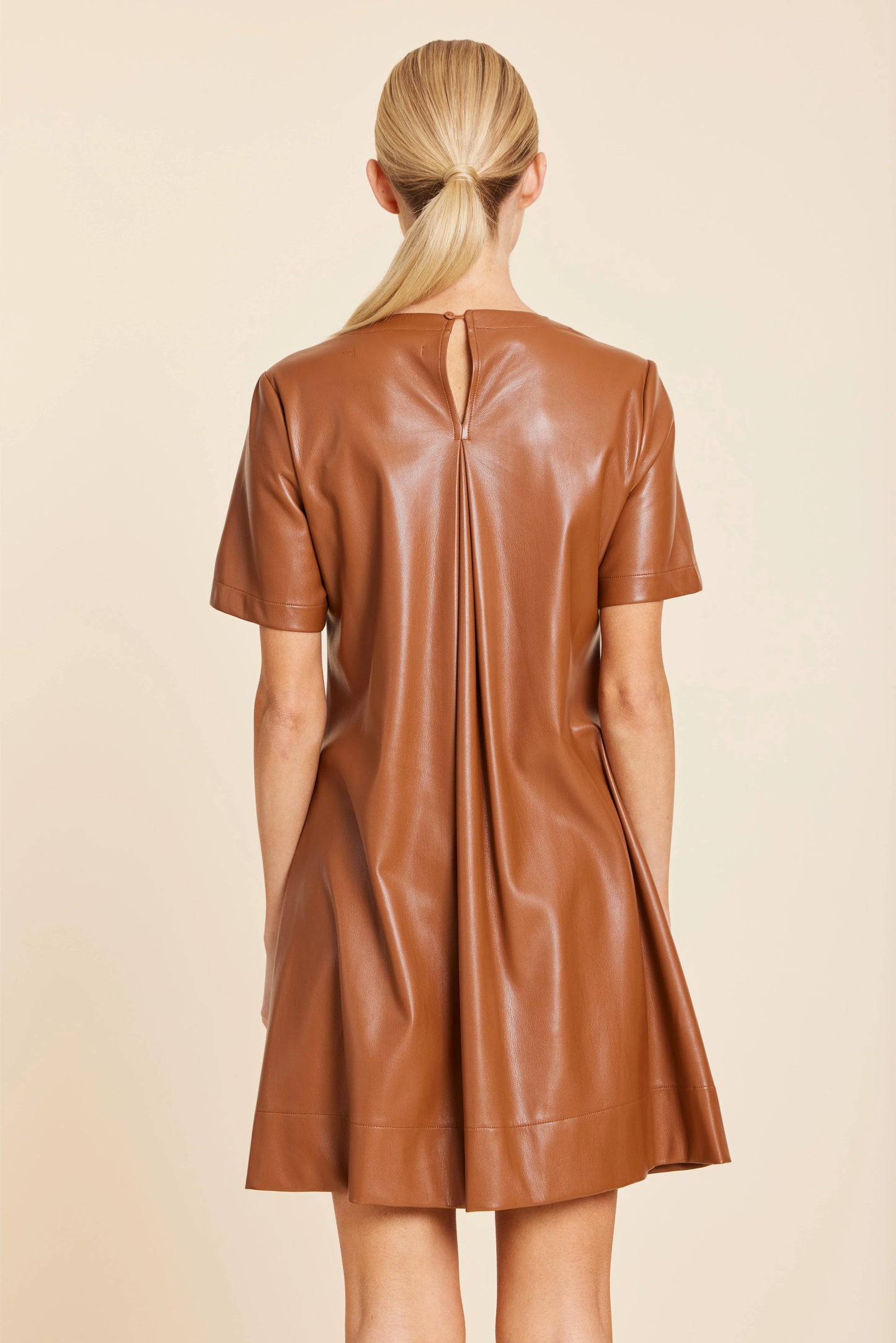 Faux Leather Pleat Dress - Saddle