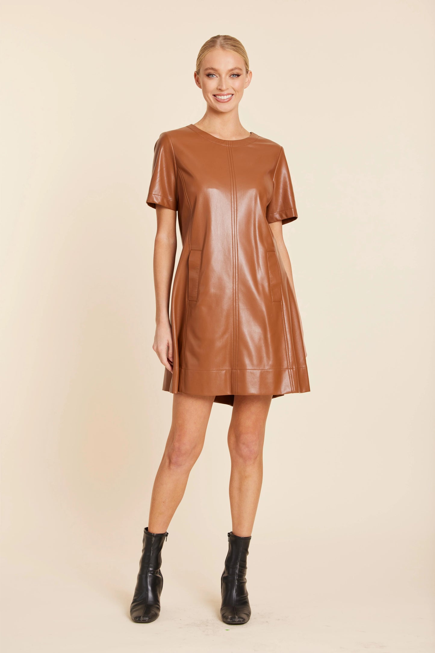 Faux Leather Pleat Dress - Saddle