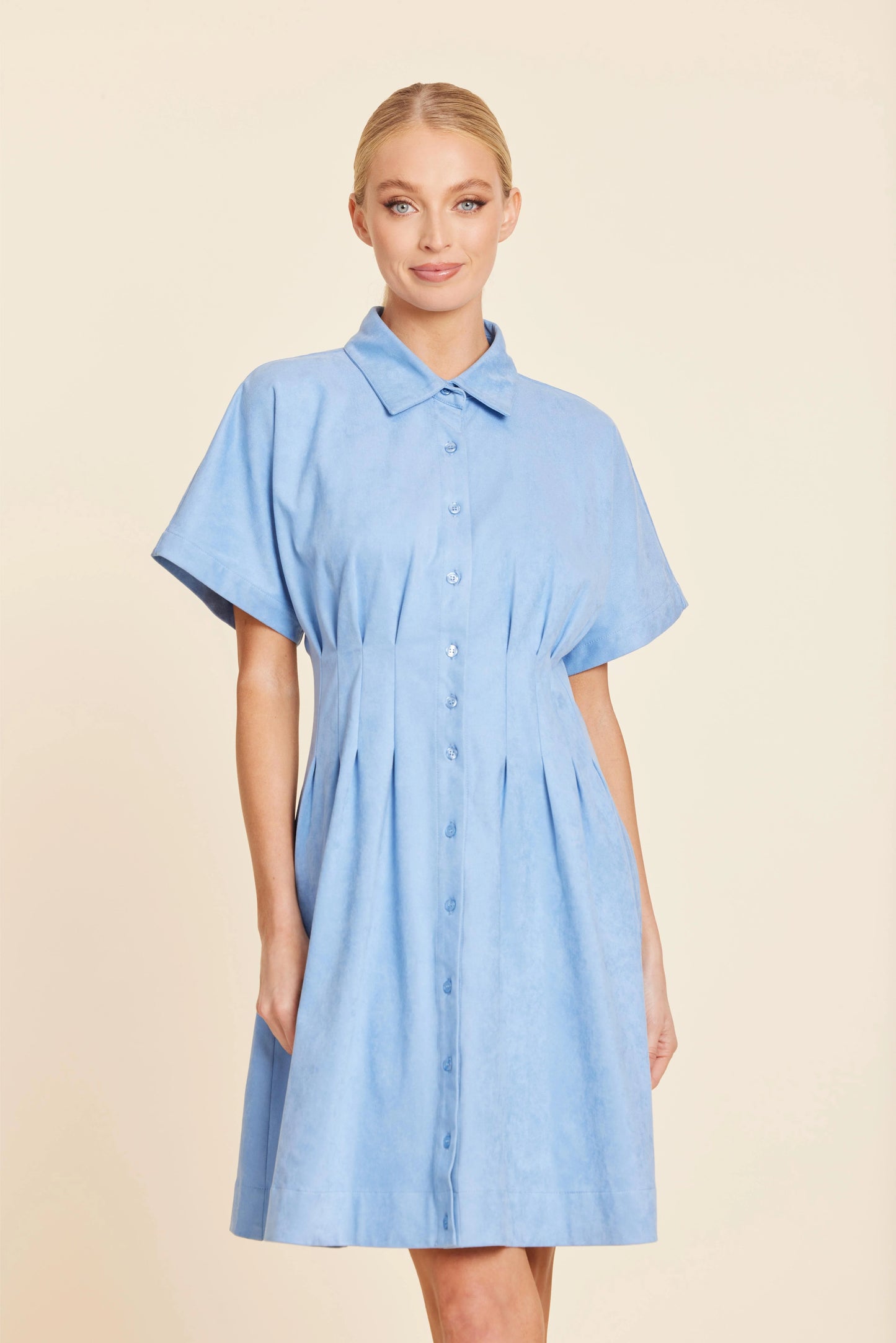 Faux Suede Pintuck Waist Dress - Sky