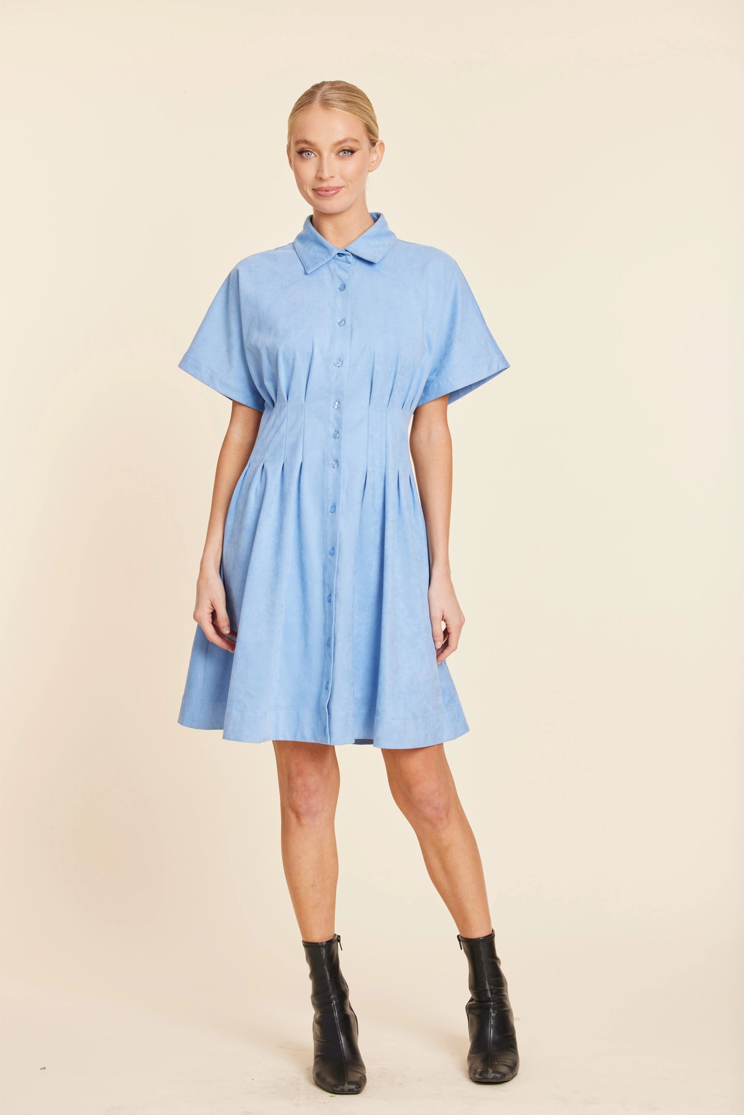 Faux Suede Pintuck Waist Dress - Sky
