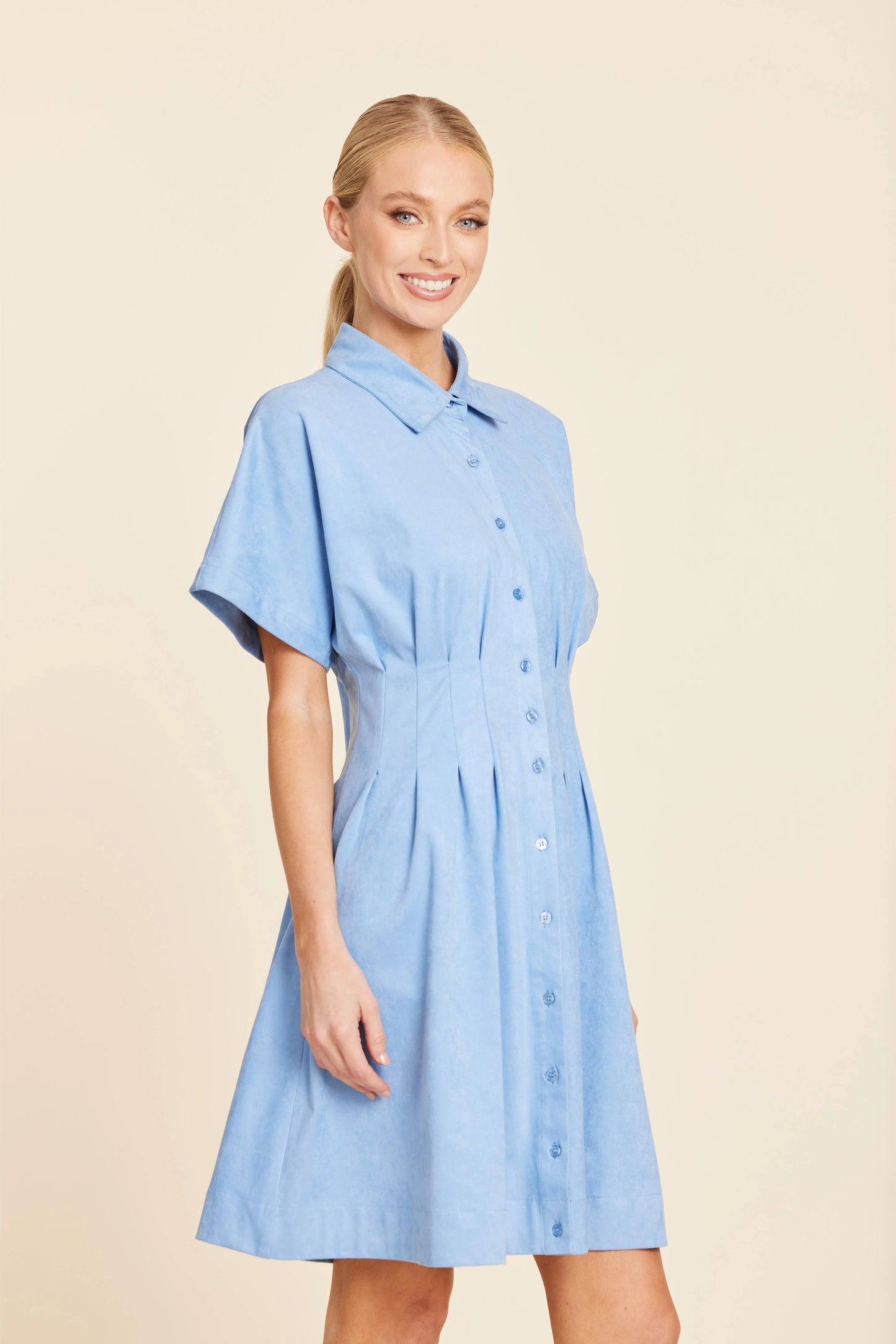 Faux Suede Pintuck Waist Dress - Sky