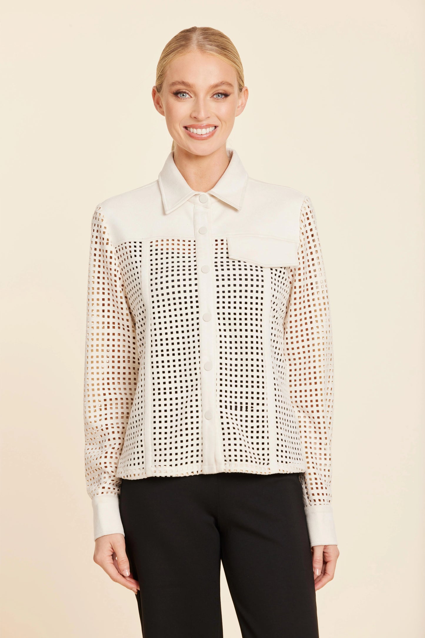 Faux Suede Lattice Cut Out Shirt - Creme