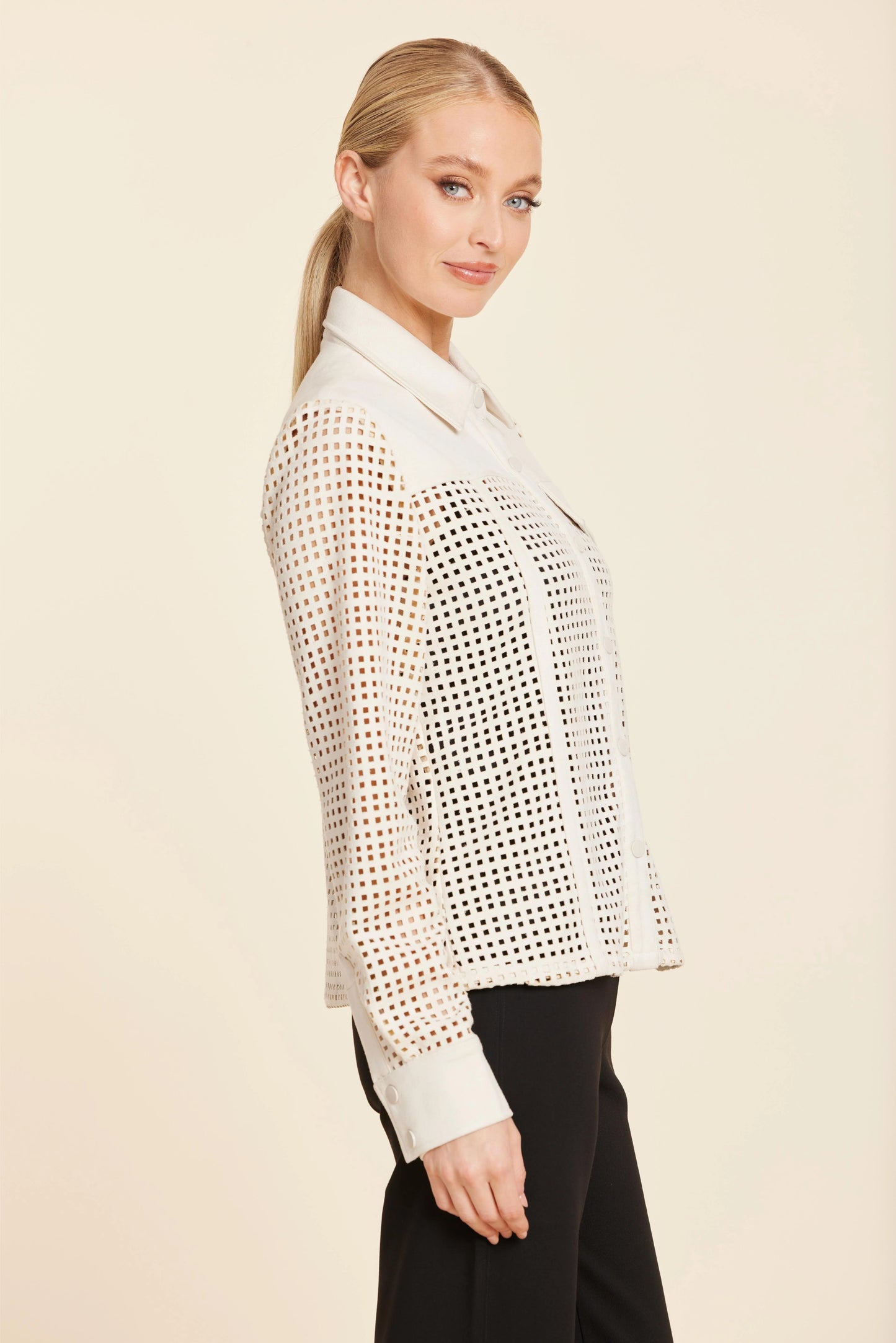 Faux Suede Lattice Cut Out Shirt - Creme