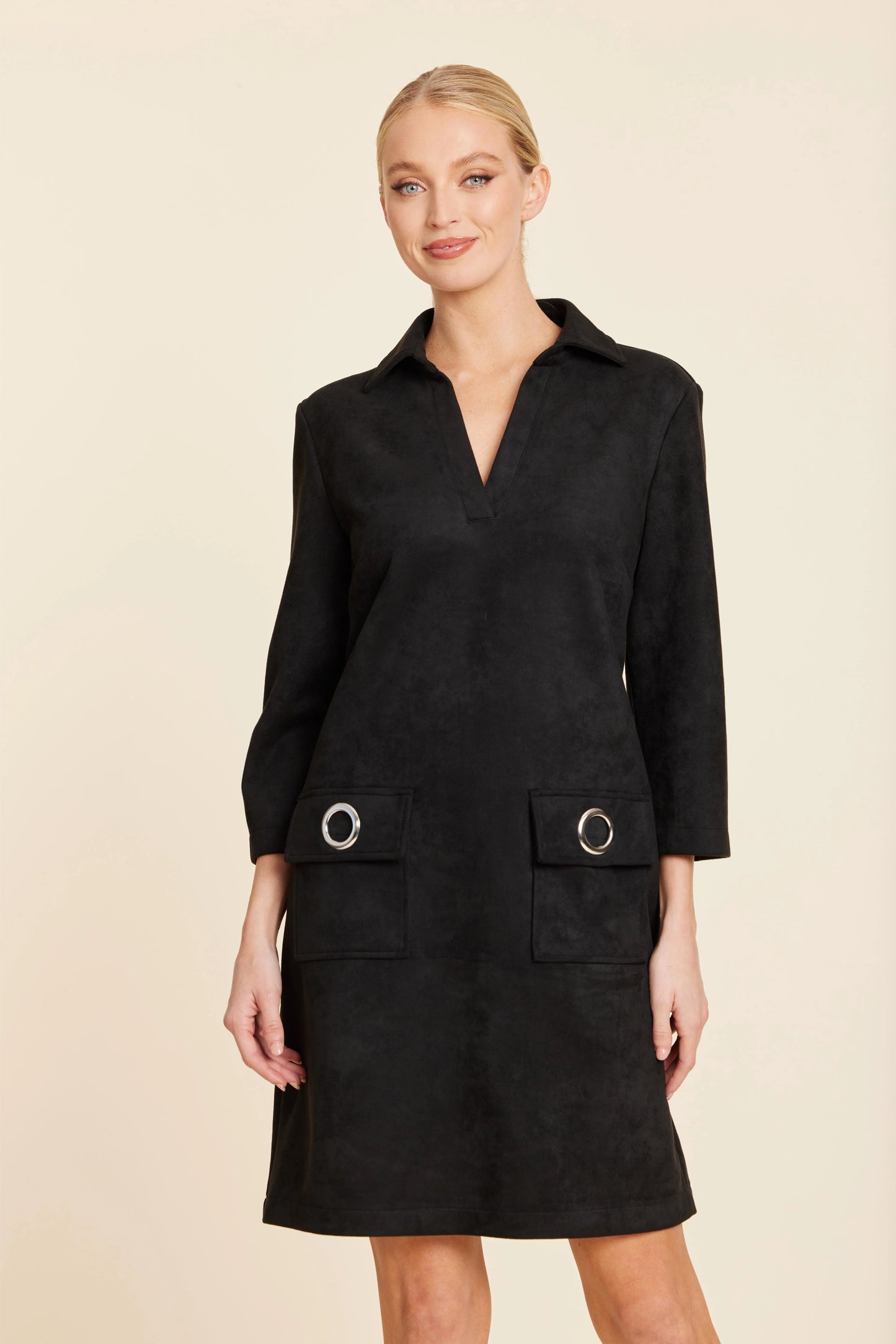 Faux Suede Dress With Grommets - Black