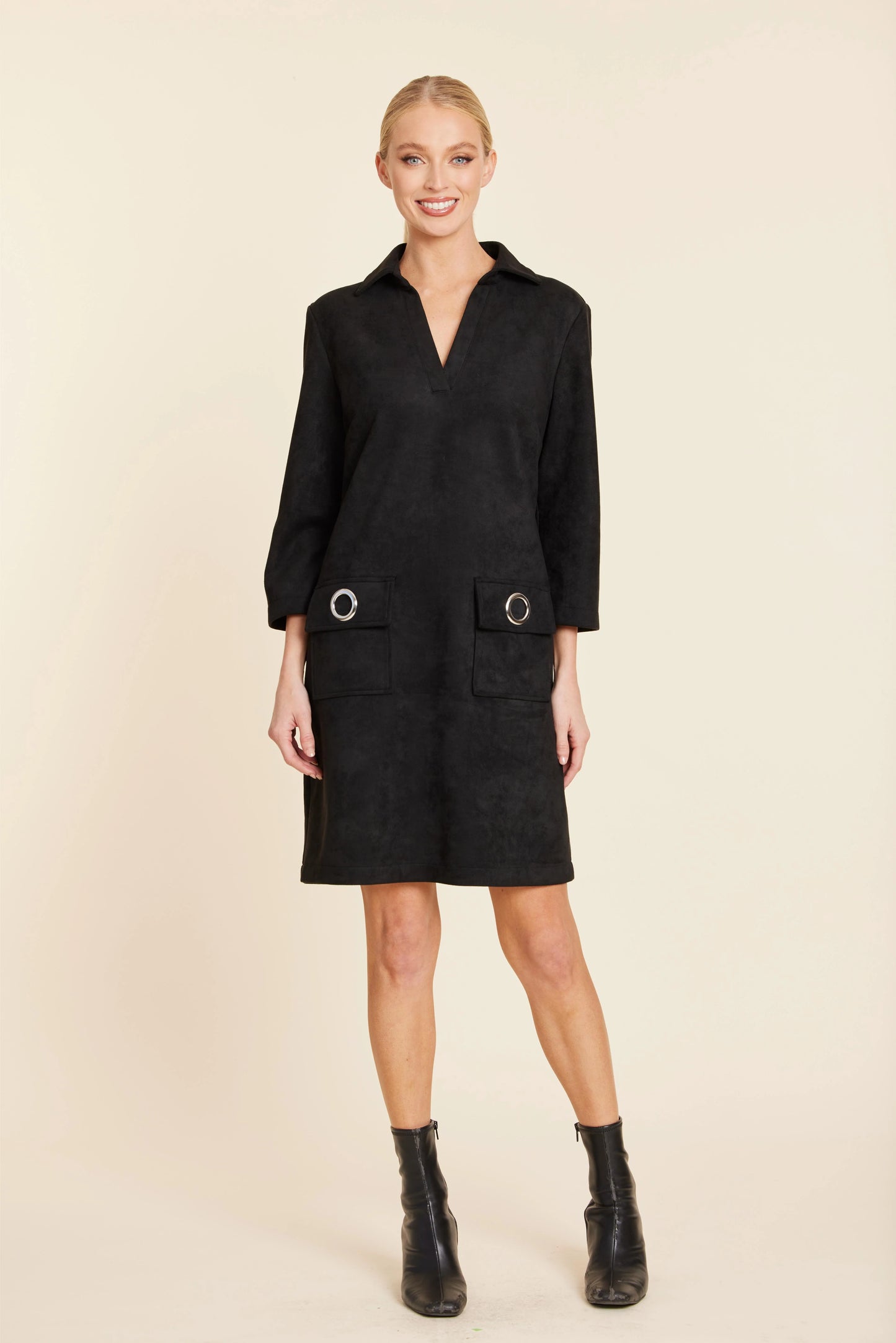 Faux Suede Dress With Grommets - Black