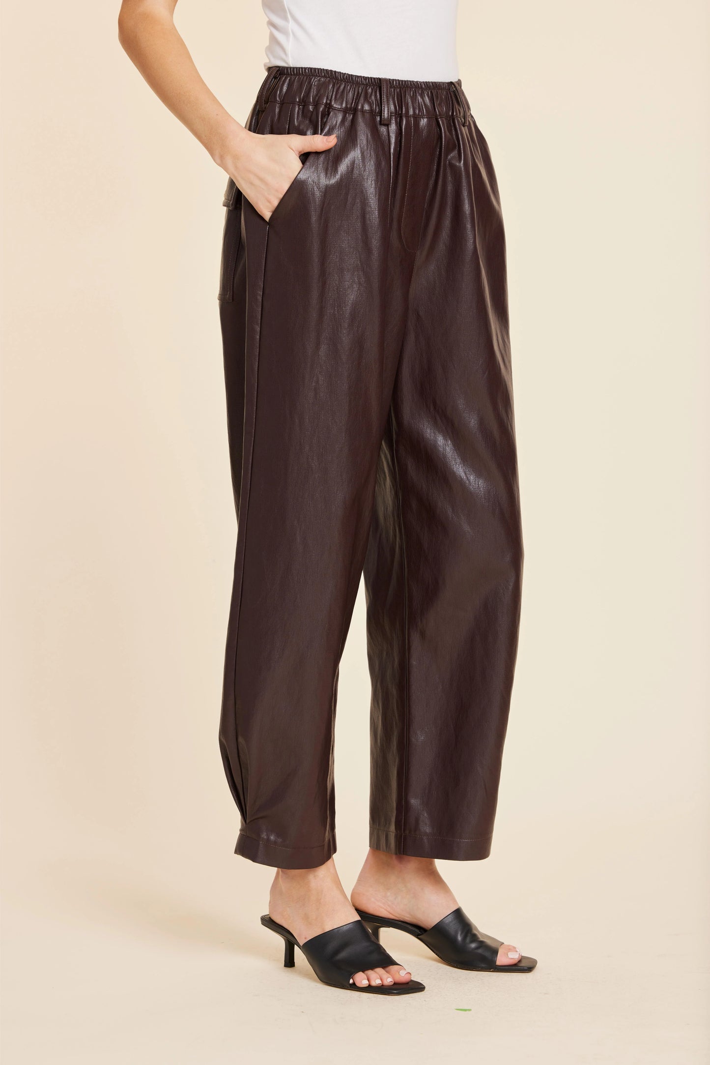 Faux Leather Barrel Leg Pant - Eggplant