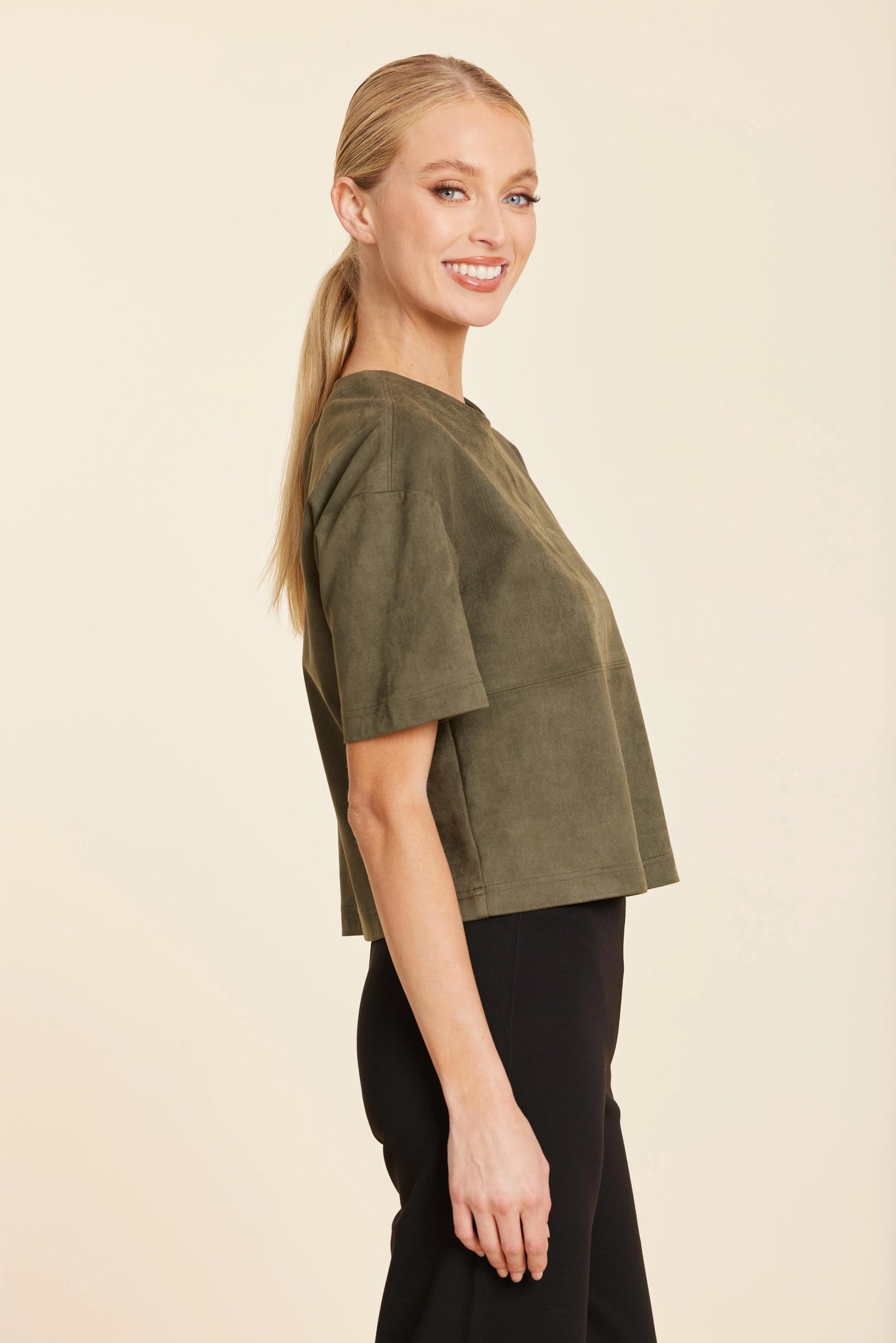 Faux Suede Cropped Tee - Olive