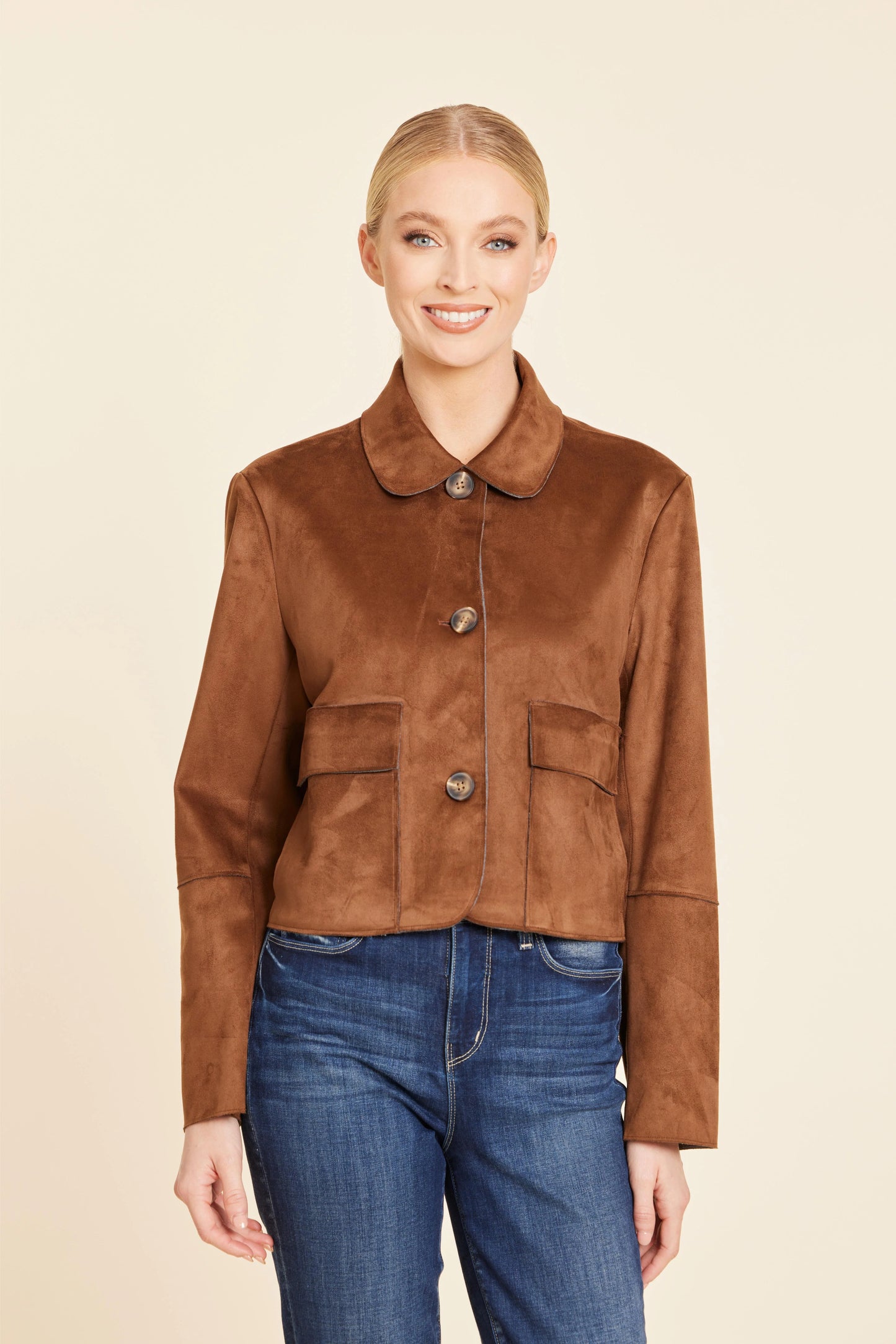Faux Suede Two Pocket Jacket - Brown