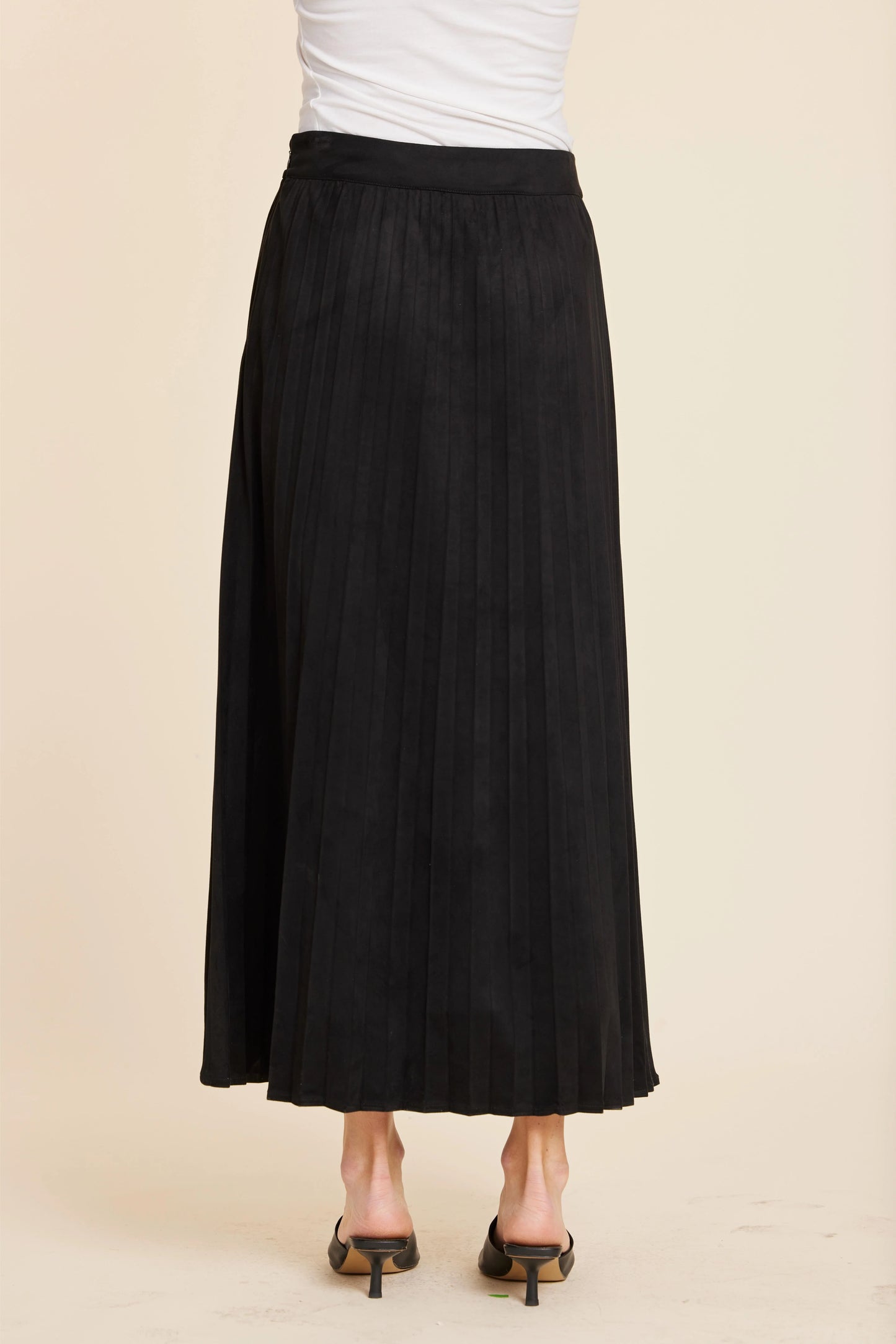 Faux Suede Long Pleated Skirt - Black