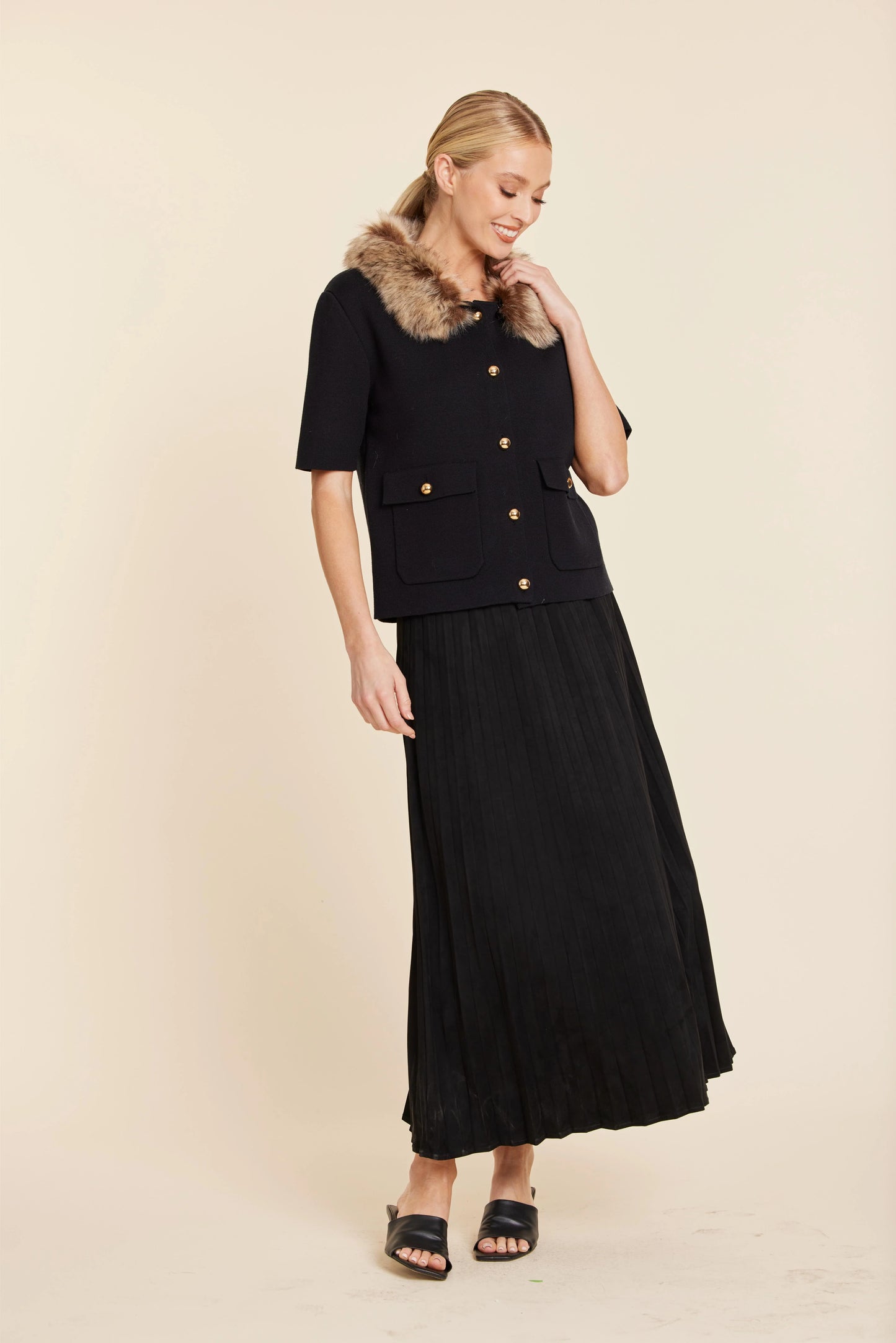 Faux Suede Long Pleated Skirt - Black