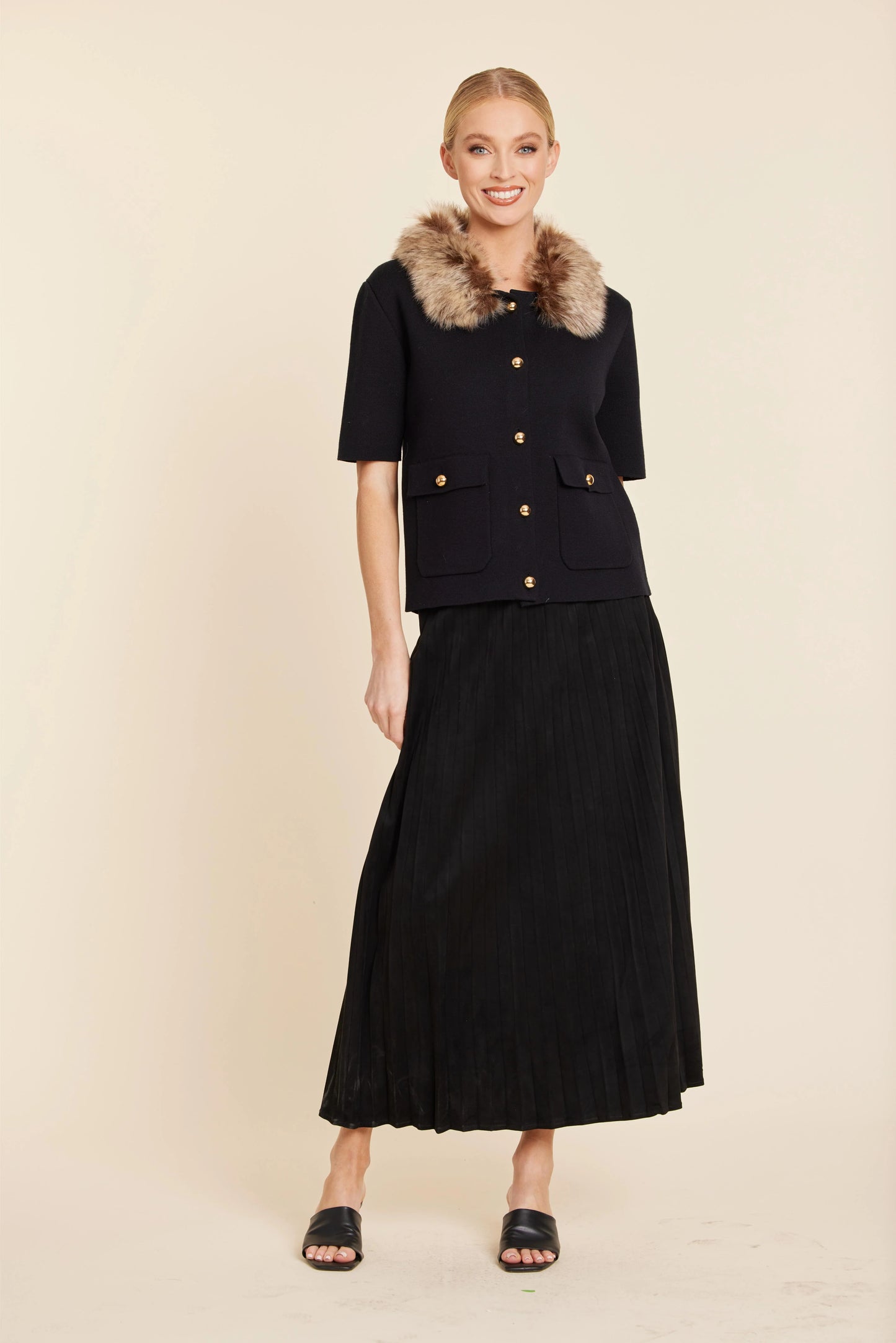Faux Suede Long Pleated Skirt - Black
