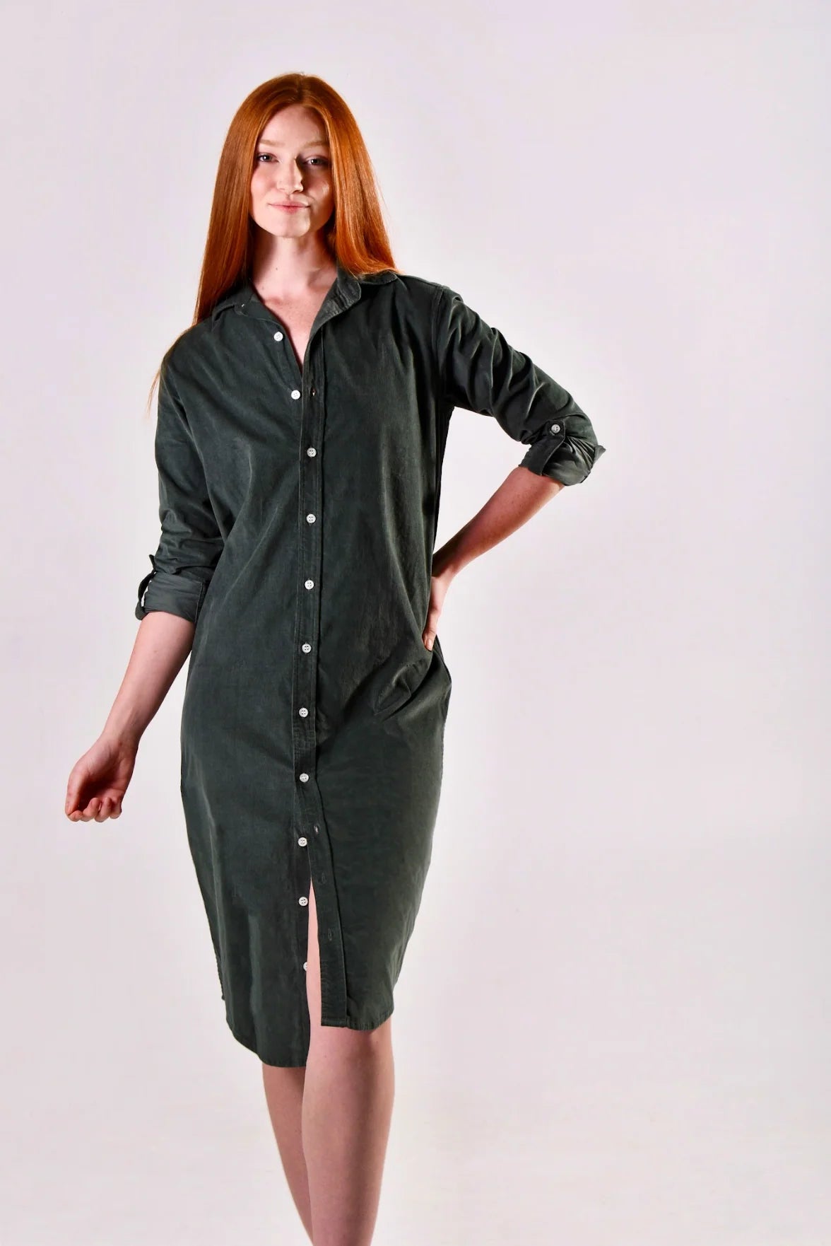 Baby Cord Midi Dress - Forest Green