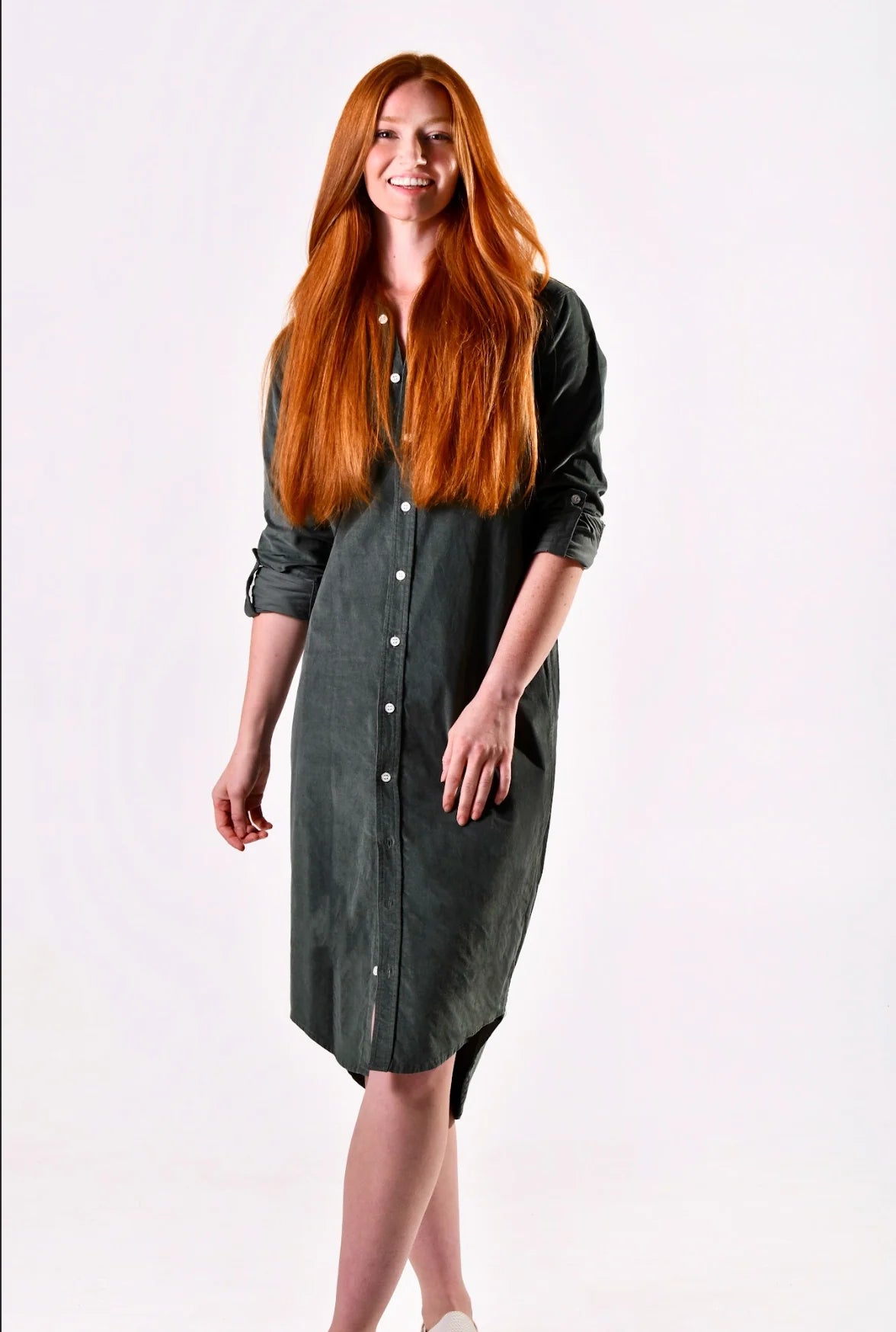 Baby Cord Midi Dress - Forest Green