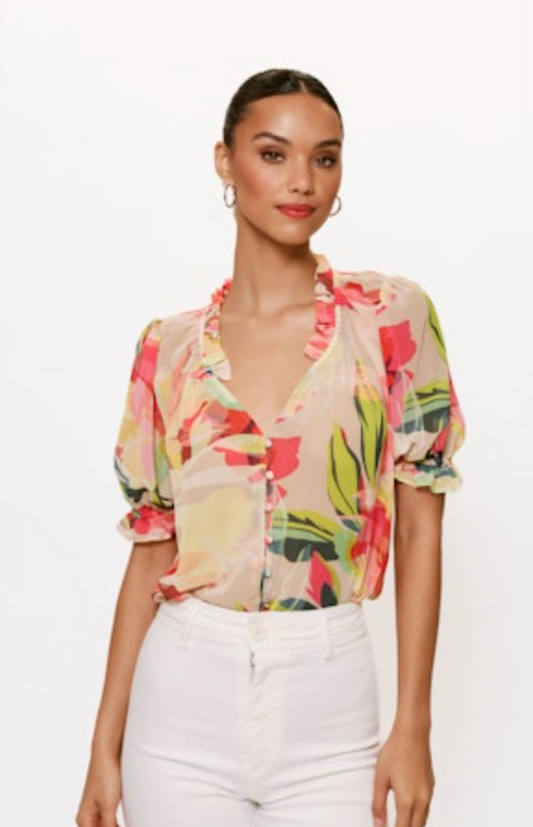 Ruffle Collar Top - Taupe/Tropical Floral