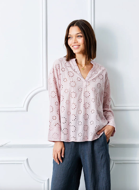 Peru Broderie Anglais Wide Top w/ Cuff Sleeve - Pink Top