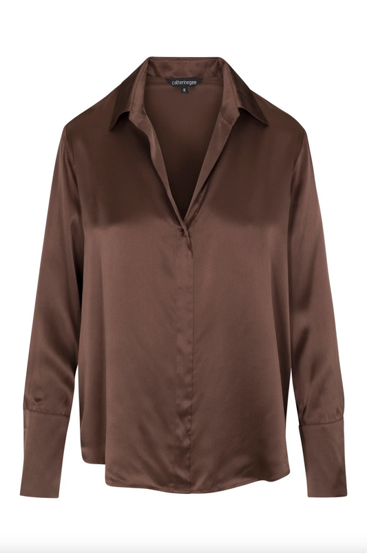 Daria French Cuff Silk Blouse - Coffee