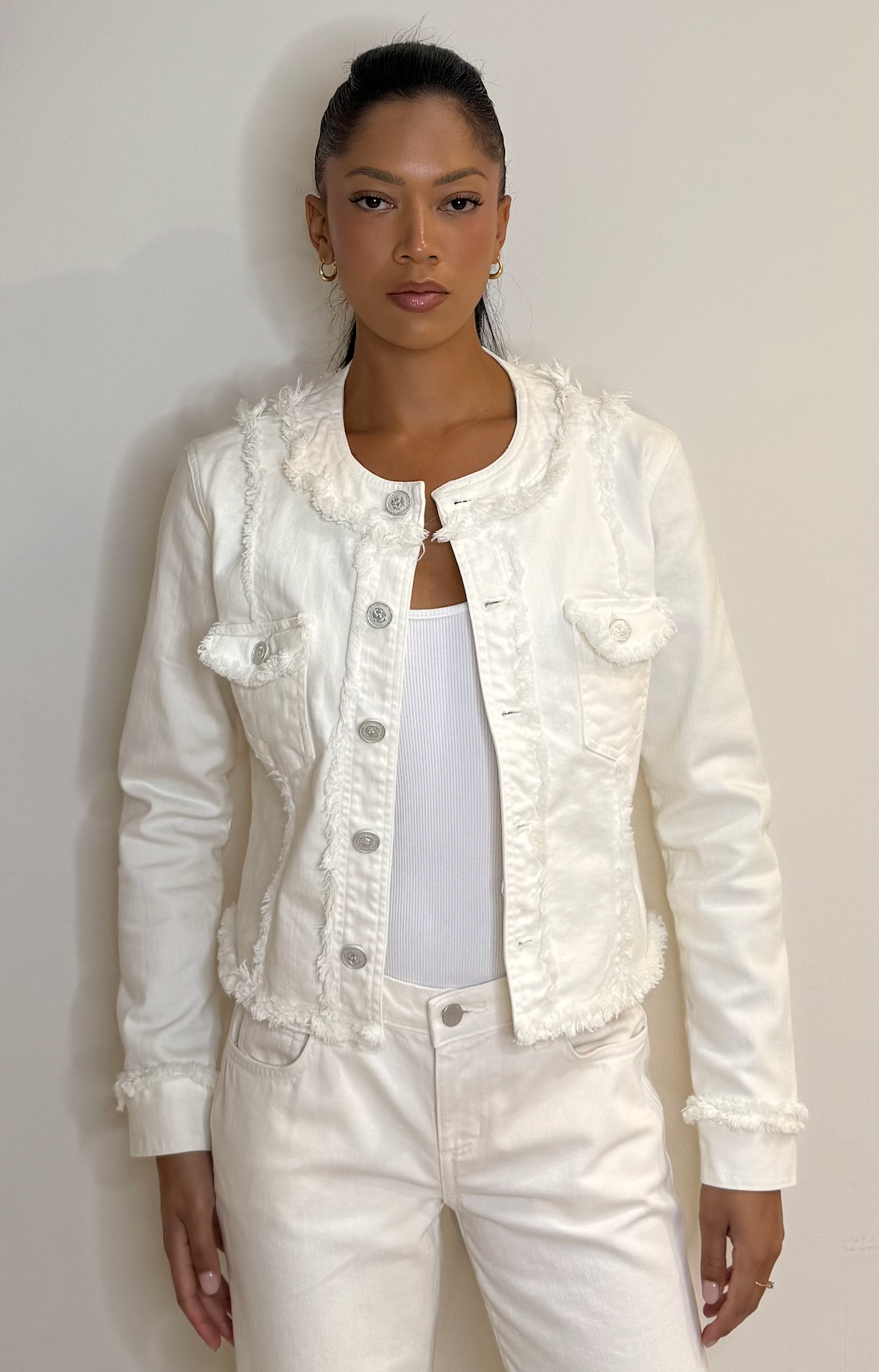 Yarin Collarless Fray Jacket - Light Ecru