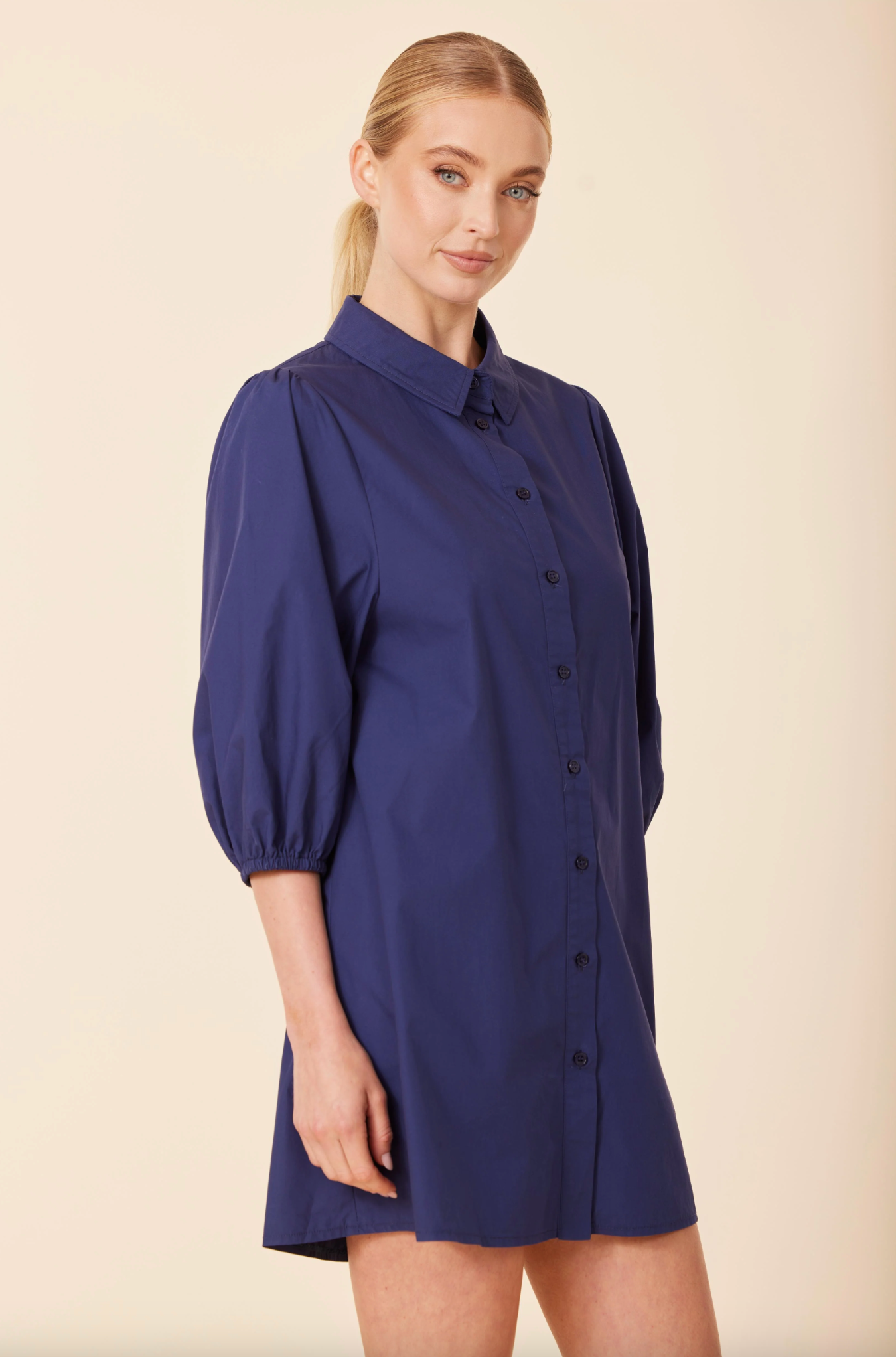 Poplin Exaggerated Sleeve Dress - Navy