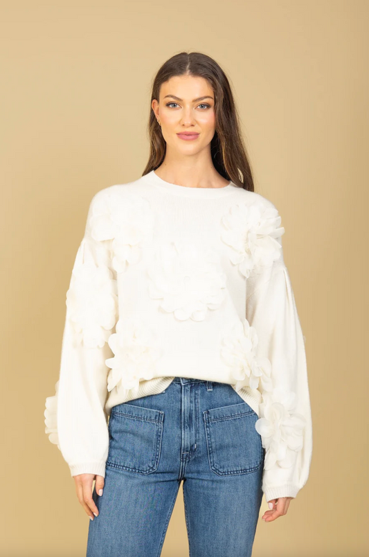 Merino Wool Round Neck Sweater with Floral Appliqué