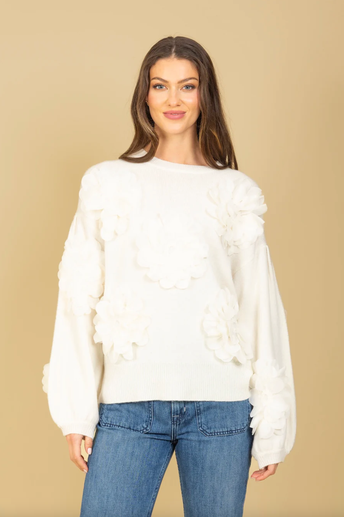 Merino Wool Round Neck Sweater with Floral Appliqué
