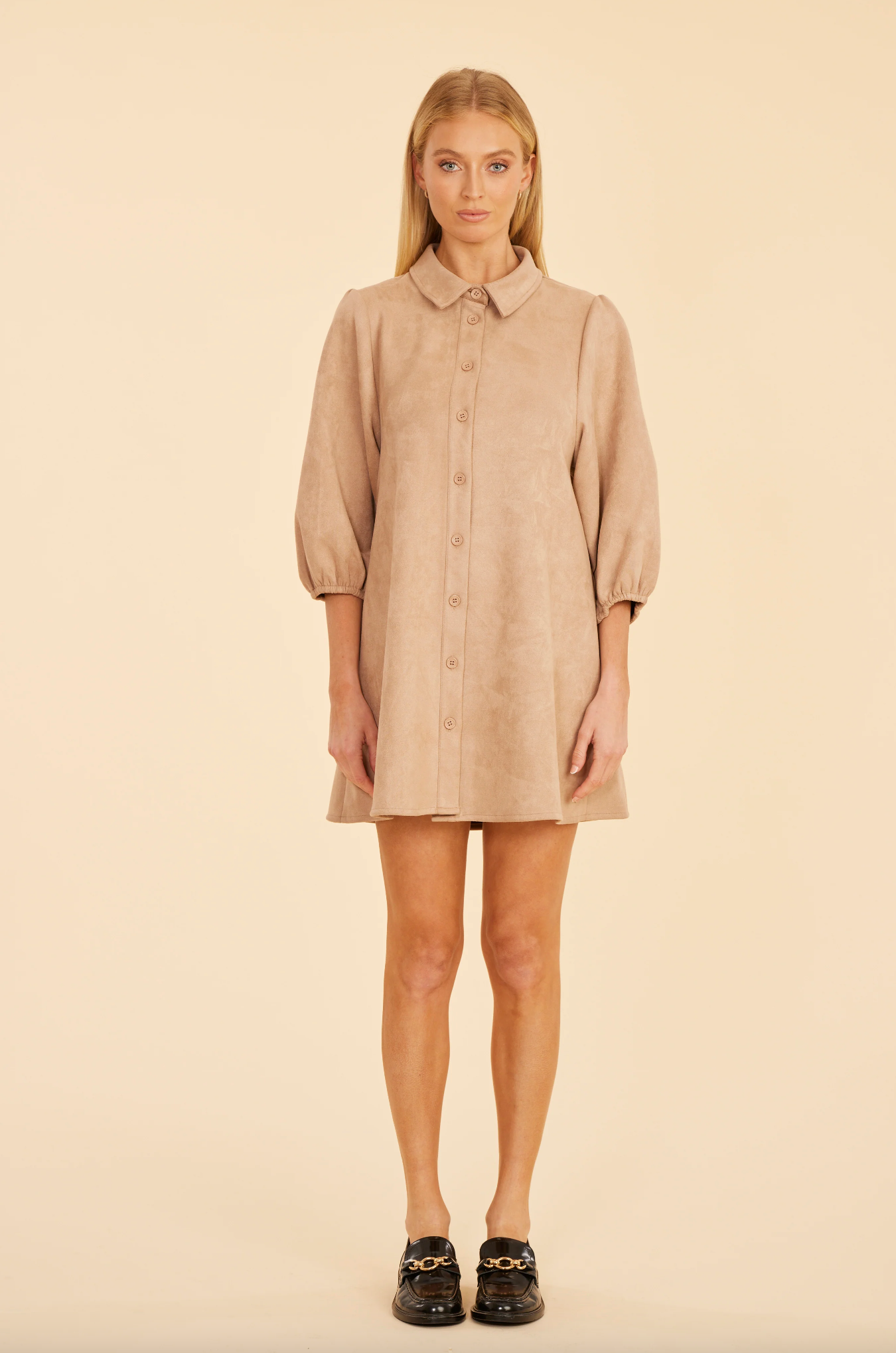 Faux Suede Puff Sleeve Shirt Dress