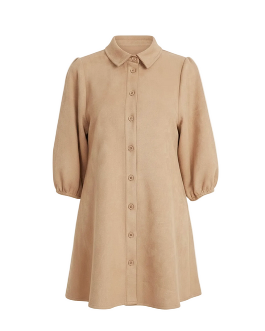 Faux Suede Puff Sleeve Shirt Dress