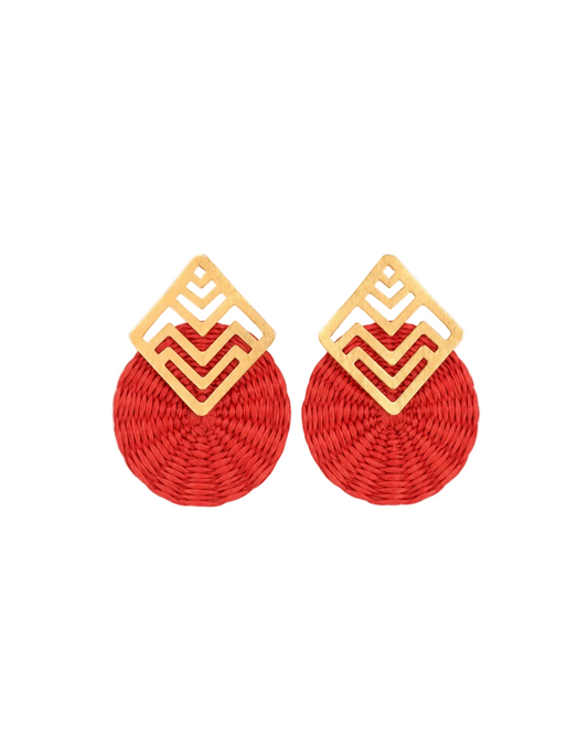 Red Woven Earrings - Gold