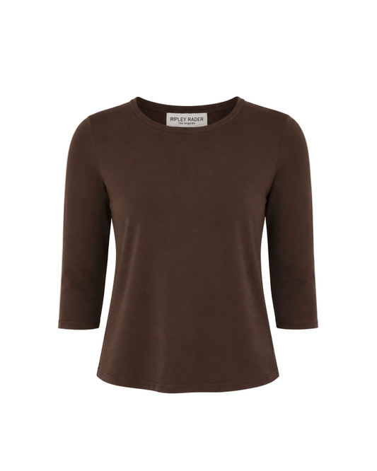 Ponte Knit Extended 3/4 Sleeve Top - Chocolate