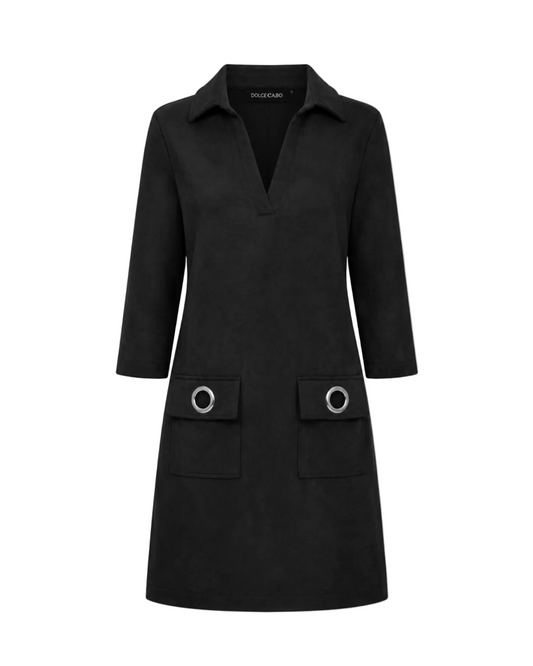 Faux Suede Dress With Grommets - Black