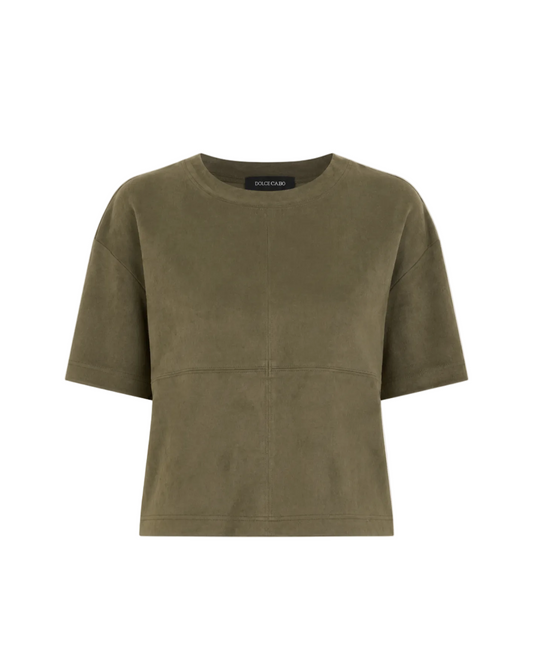 Faux Suede Cropped Tee - Olive