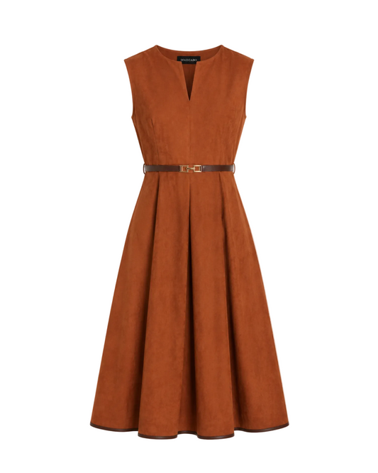 Faux Suede Belted Midi Dress - Rust