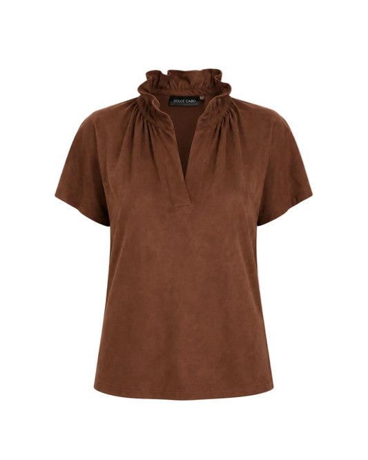 Faux Suede Ruffle Collar V-Neck Top - Brown
