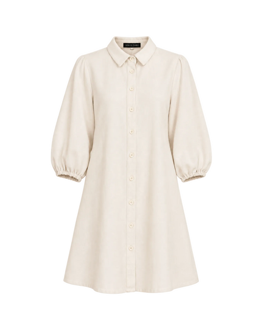 Faux Suede Puff Sleeve Shirt Dress - Creme