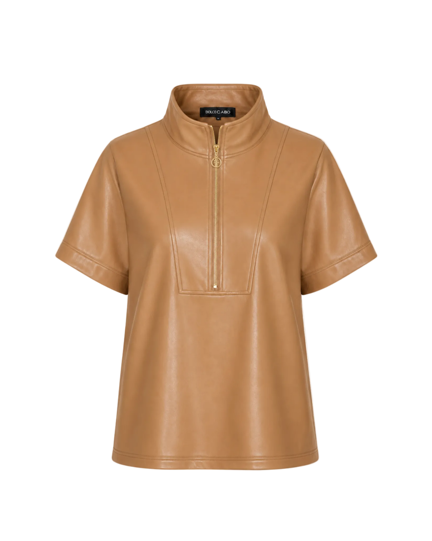Faux Leather Zip Up Top - Caramel
