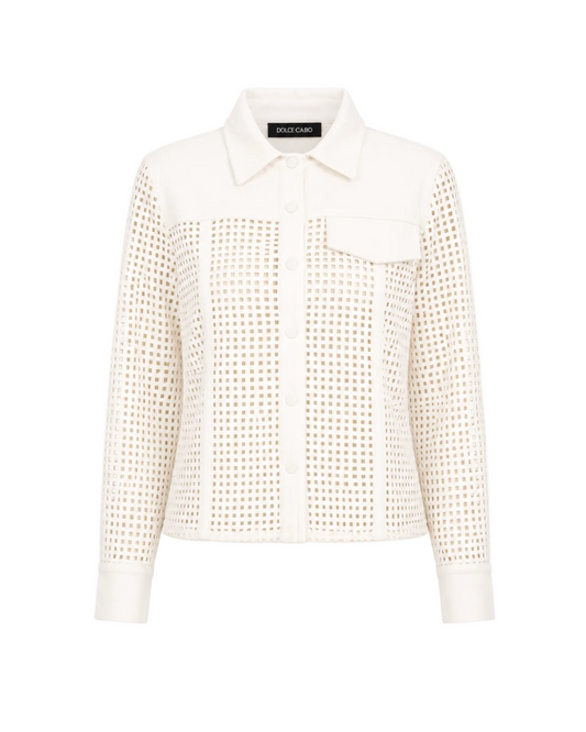 Faux Suede Lattice Cut Out Shirt - Creme