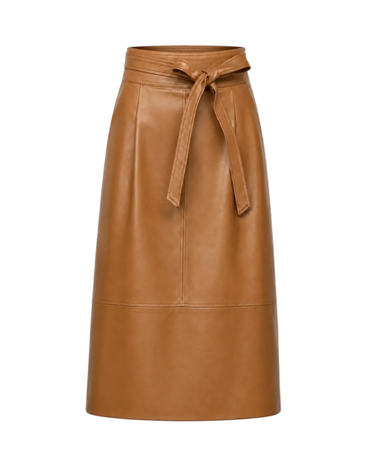 Pleated Front A-Line Leather Skirt - Caramel