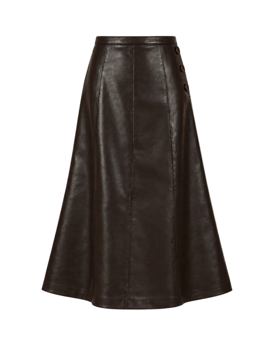 Pleather A-Line Midi Skirt - Brown