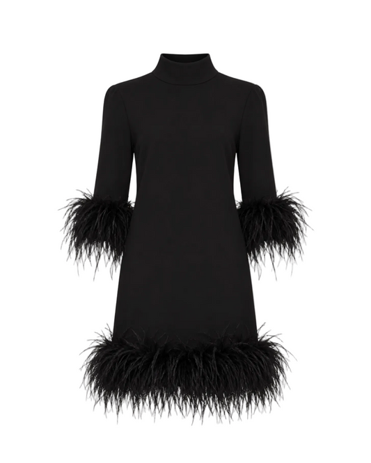 Feather Dress with Detachable Trim - Black