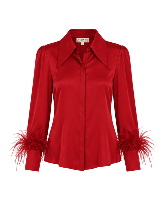Silk Blouse with Feather Trim - Red